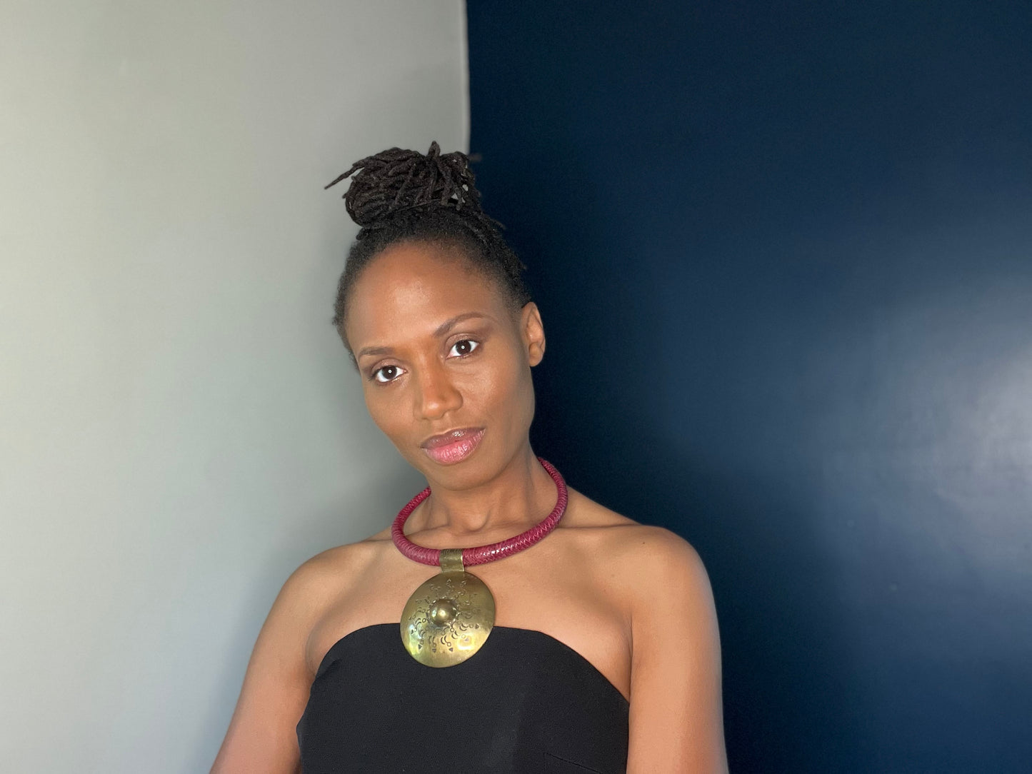 Leather Choker with Bronze Sun Ray Medallion