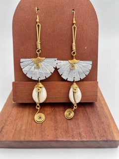Cowry Shell and Stone Crescent Earrings