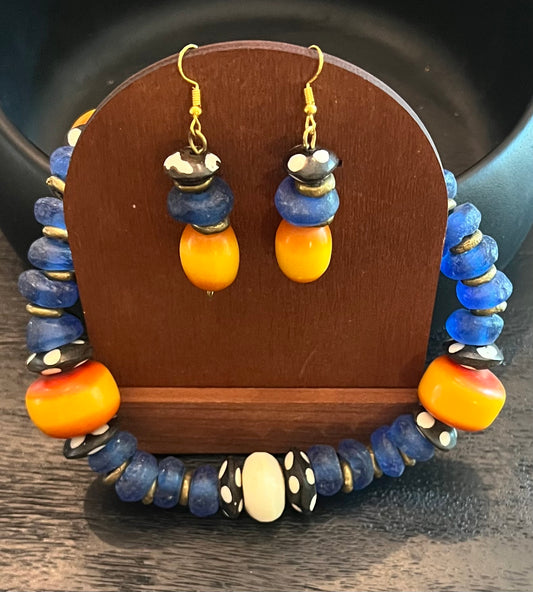 Manifest: Cobalt Glass Beaded Necklace with White Feature Bead and Earring Set