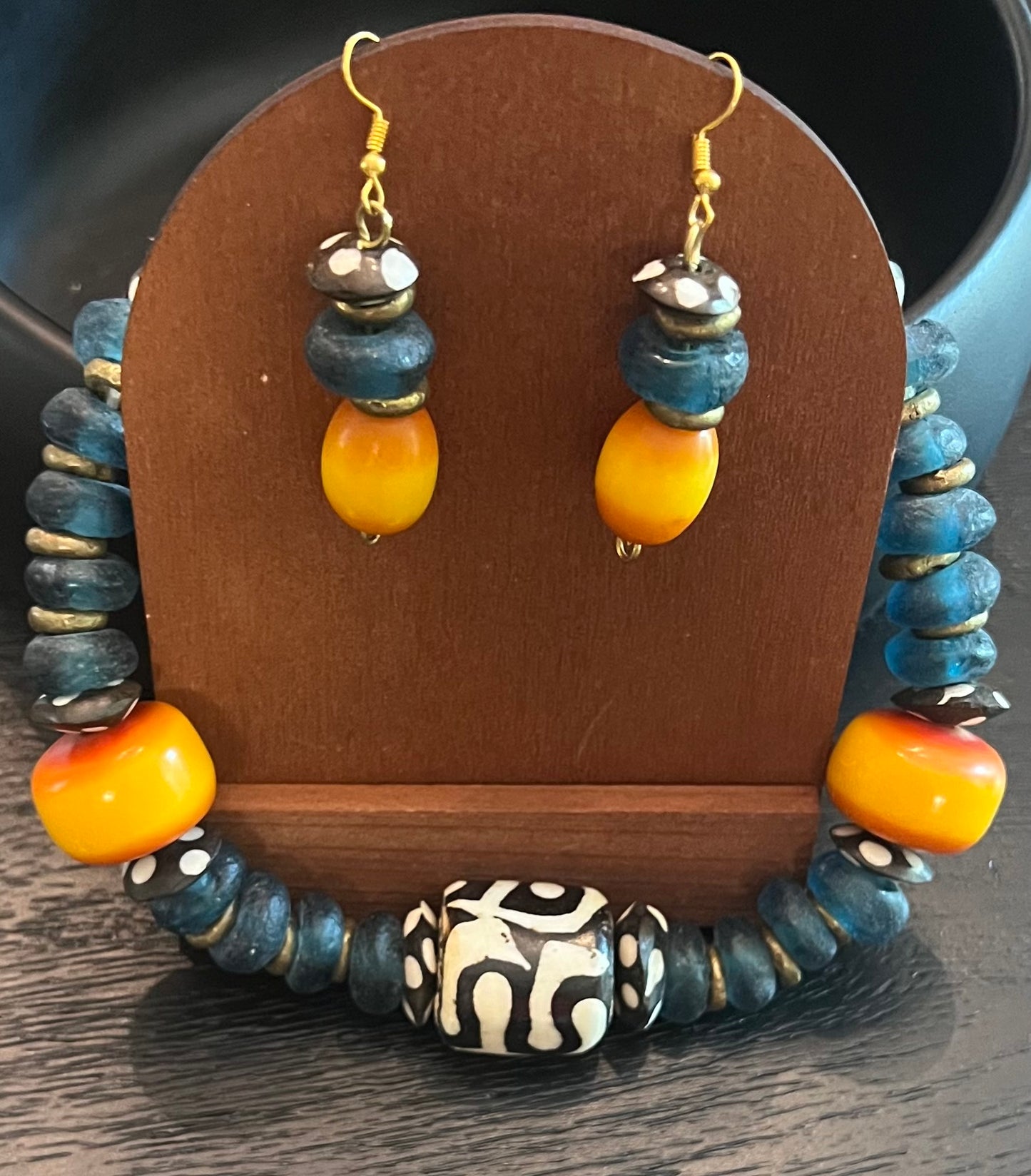 Manifest: Pacific Blue Glass Bead Necklace Featuring “Mud-cloth” Beadand Earrings Set