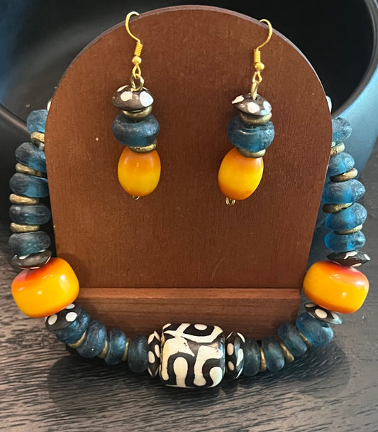 Manifest: Pacific Blue Glass Bead Necklace Featuring “Mud-cloth” Beadand Earrings Set
