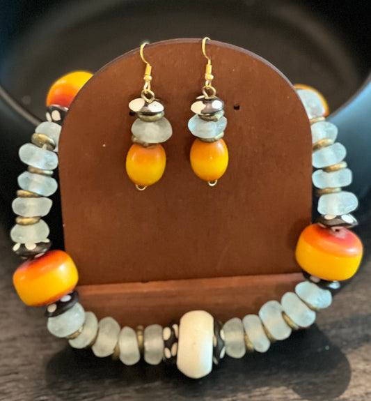 Manifest: Sea Foam Glass Bead  with White Feature Bead Resin Necklace and Earrings Set