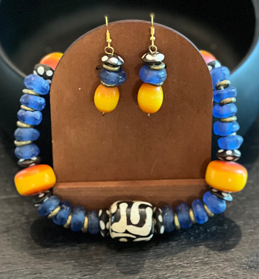 Manifest: Cobalt Glass Beaded Necklace Featuring “Mudcloth” Bead and Earring Set