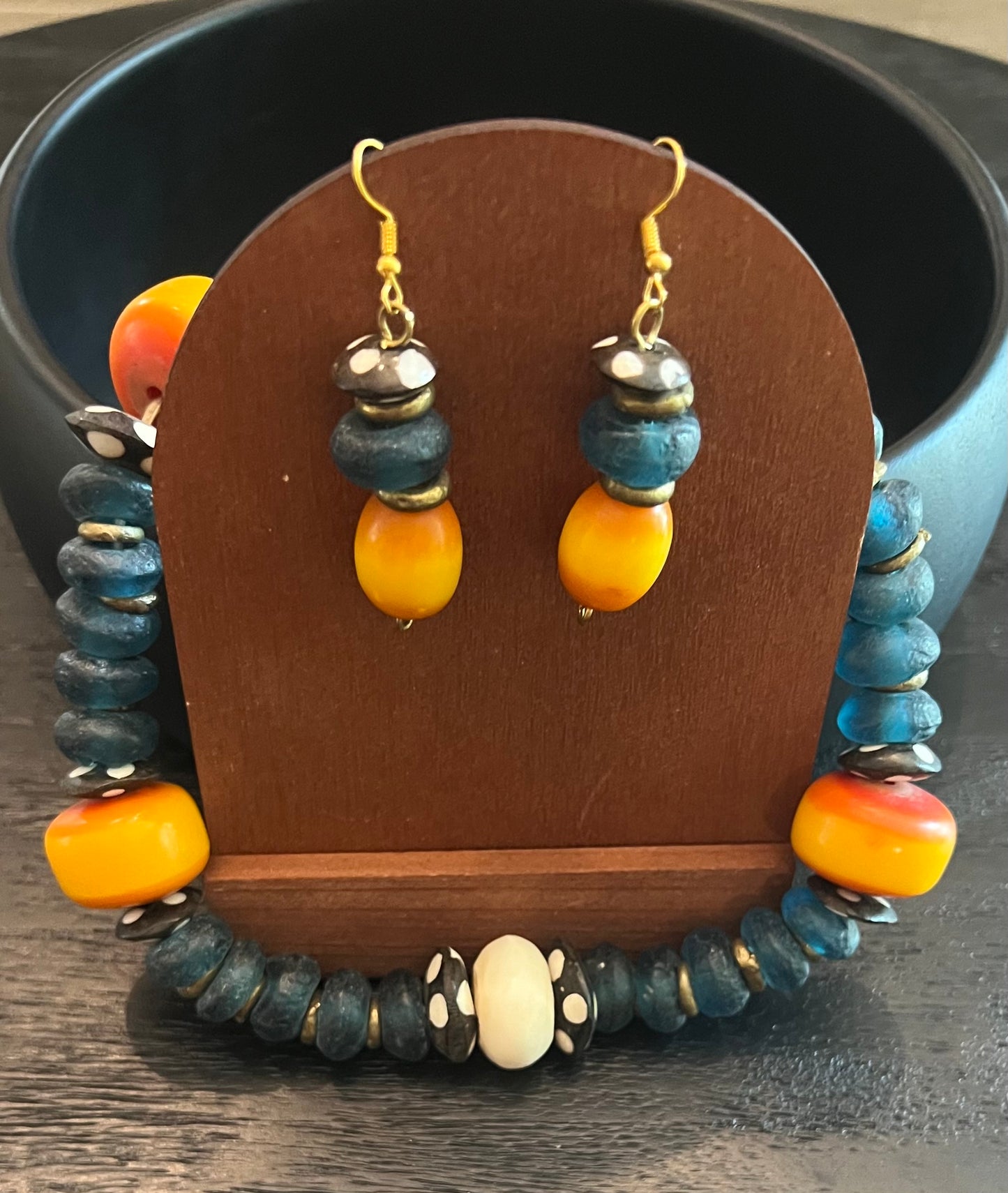 Manifest: Pacific Blue Glass Bead Necklace Featuring “Mud-cloth” Beadand Earrings Set
