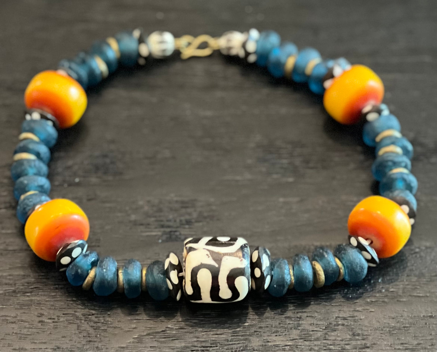 Manifest: Pacific Blue Glass Bead Necklace Featuring “Mud-cloth” Beadand Earrings Set