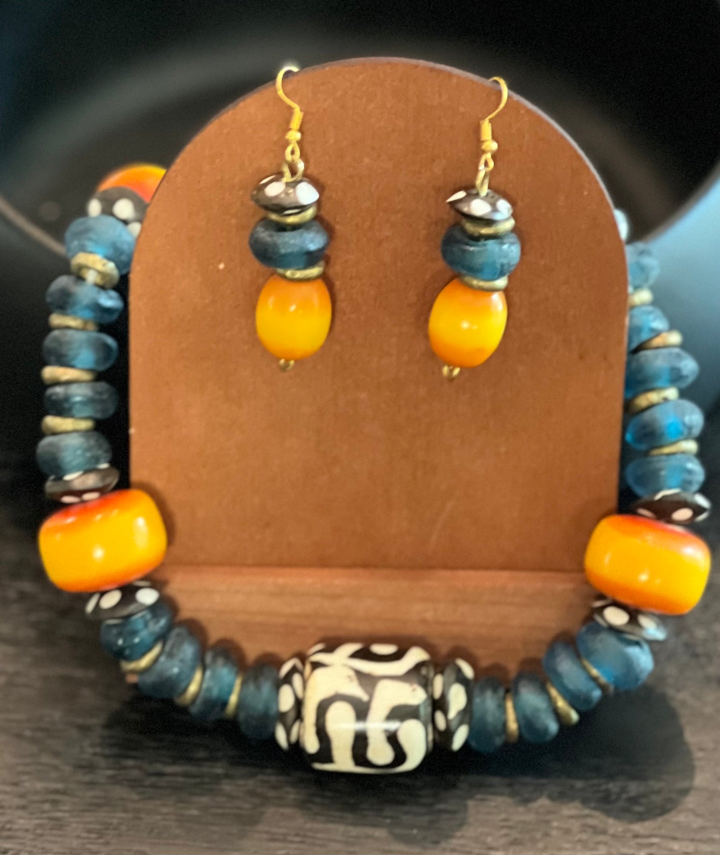 Manifest: Pacific Blue Glass Bead Necklace Featuring “Mud-cloth” Beadand Earrings Set