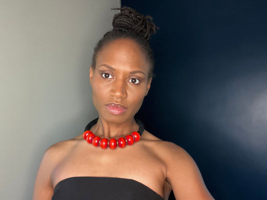 Large Red Bead and Black Plate Choker