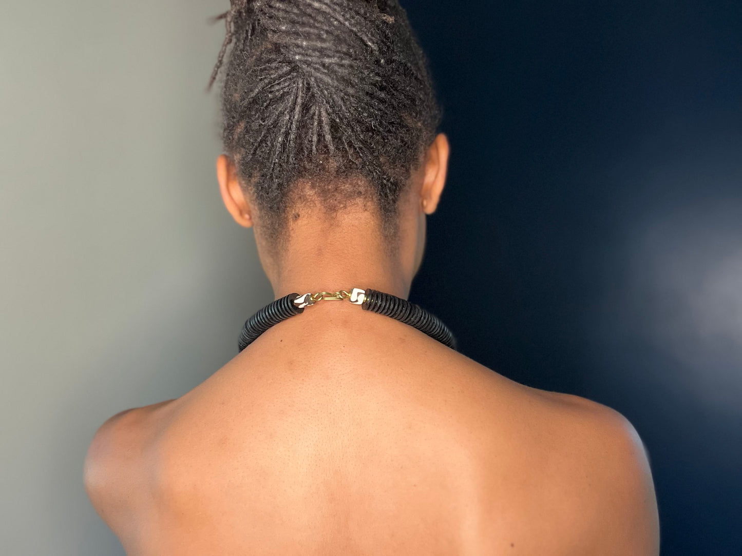 Large Red Bead and Black Plate Choker