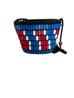 Adjustable Blue, Red and White Wooden Beaded Crossbody