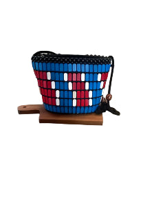 Adjustable Blue, Red and White Wooden Beaded Crossbody
