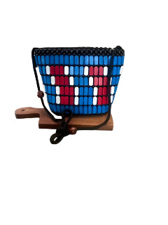 Adjustable Blue, Red and White Wooden Beaded Crossbody
